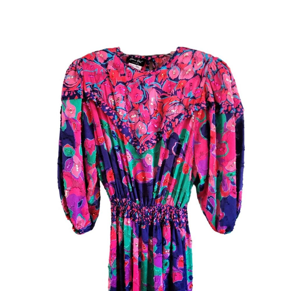 Vintage Diane Freis Original Floral Georgette Dress With Puff Sleeves & Smocked - Picture 2 of 6